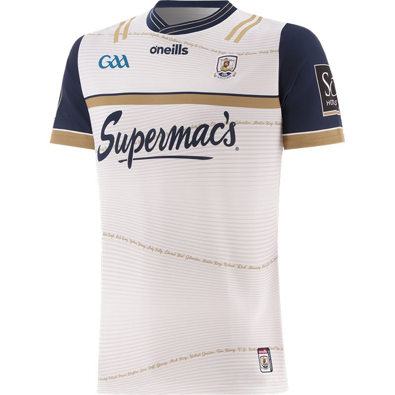 White, Navy and Gold Galway GAA Commemoration Goalkeeper Jersey with 1923/24 in gold on the back by O’Neills.