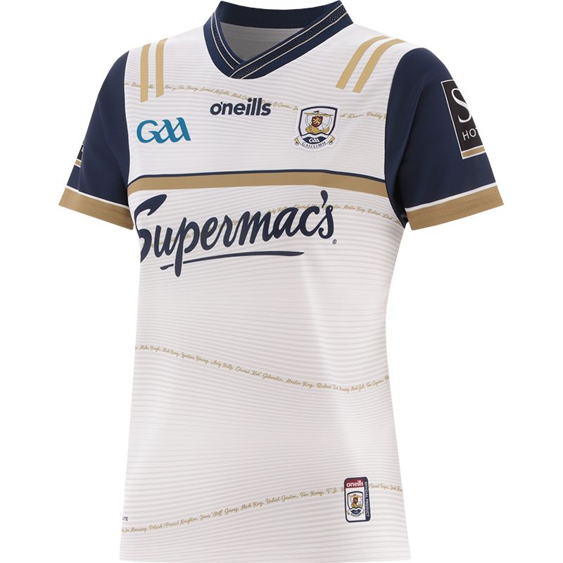 White, Navy and Gold Galway GAA Commemoration Goalkeeper Jersey with 1923/24 in gold on the back by O’Neills.