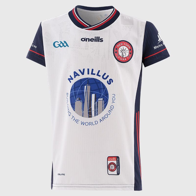 White Shadow / Navy / Red New York GAA Kids' Home Jersey 2025 from O’Neills Sportswear