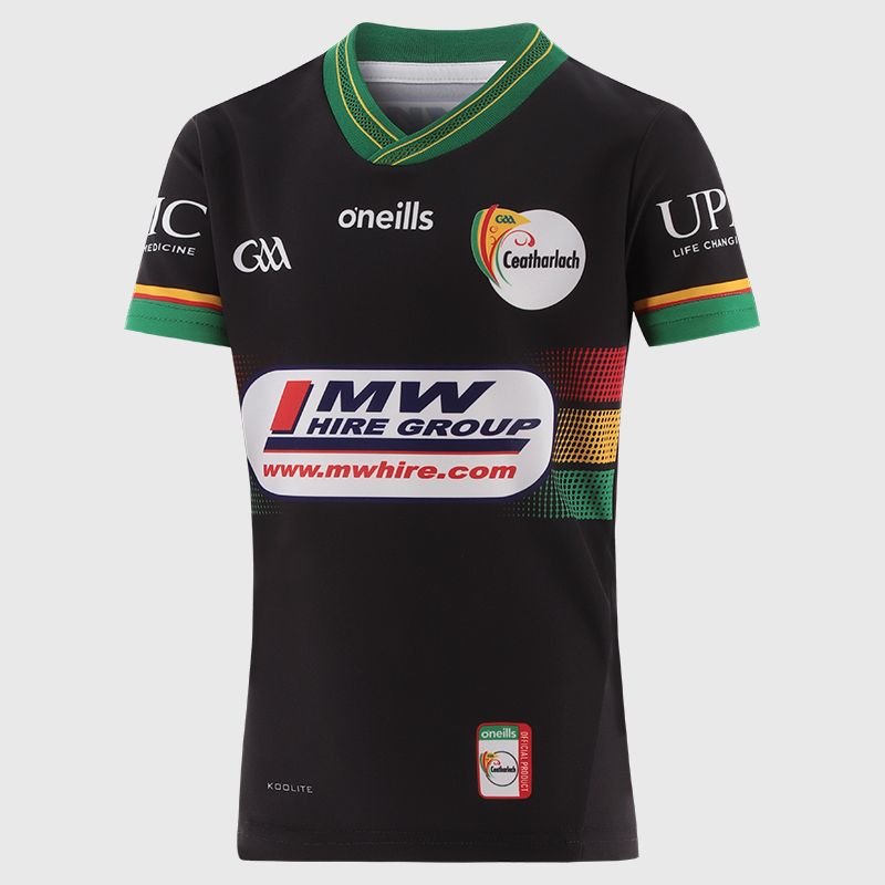 O’Neills Black Carlow GAA Kids' Goalkeeper Jersey 2025 with ribbed crewneck by O’Neills.