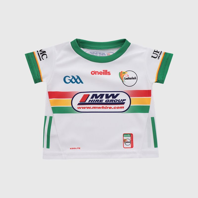 O’Neills White Carlow GAA Baby Goalkeeper Jersey 2025 with ribbed crewneck by O’Neills.