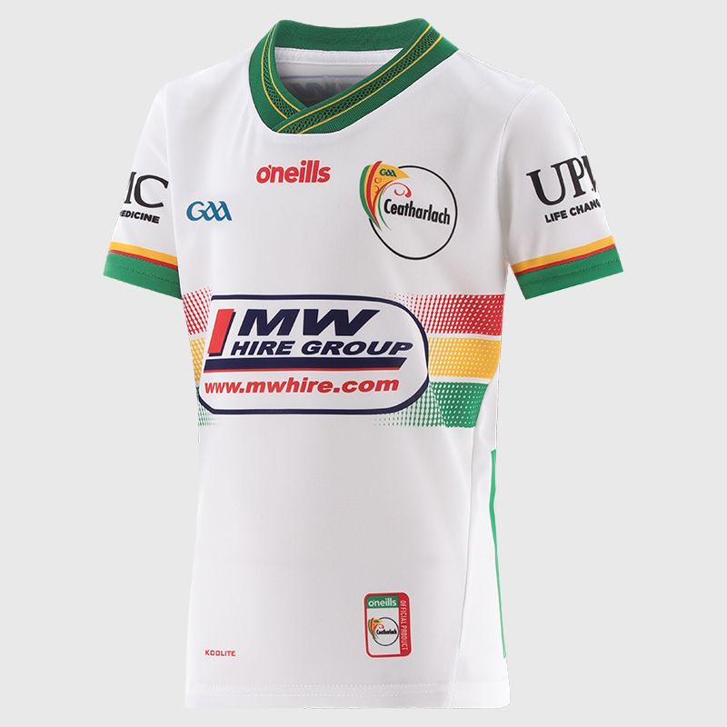 O’Neills White Carlow GAA Kids' Goalkeeper Jersey 2025 with ribbed crewneck by O’Neills.