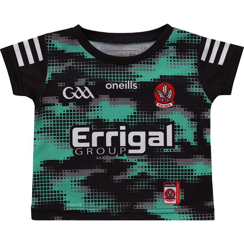 Black and Teal Derry GAA Goalkeeper Jersey 2024 with Errigal Group sponsor logo on the chest by O’Neills.