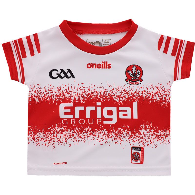 White Derry GAA Alternative Jersey 2024 with Errigal Group sponsor logo on the chest by O’Neills.