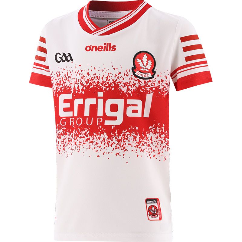 White Derry GAA Alternative Jersey 2024 with Errigal Group sponsor logo on the chest by O’Neills.