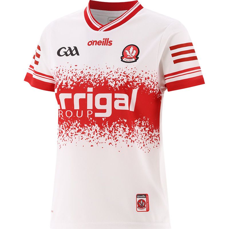 White Derry GAA Alternative Jersey 2024 with Errigal Group sponsor logo on the chest by O’Neills.