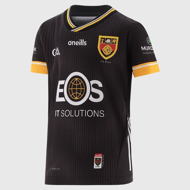 O’Neills Black Down GAA Kids' Goalkeeper Jersey 2025 with ribbed crewneck by O’Neills.