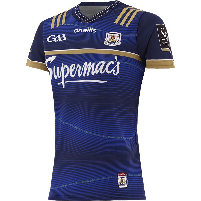 Blue and Gold Galway GAA Commemoration jersey with 1923/24 in gold on the back by O’Neills.