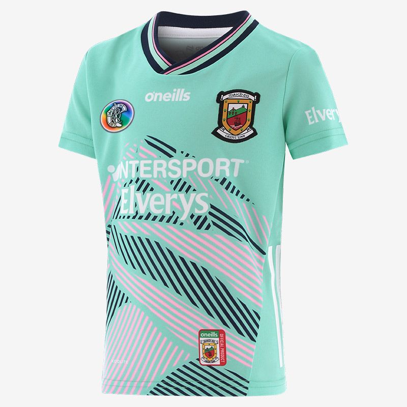 O’Neills Mint Mayo Camogie Kids' Alternative Goalkeeper Jersey 2025 with ribbed crewneck by O’Neills.