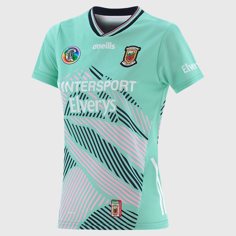 O’Neills Mint Mayo Camogie Women's Alternative Goalkeeper Jersey 2025 with ribbed crewneck by O’Neills.