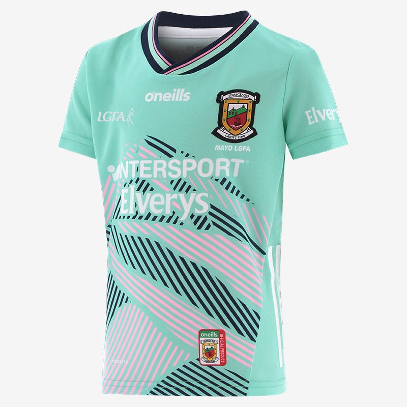 O’Neills Mint Mayo LGFA Kids' Alternative Goalkeeper Jersey 2025 with ribbed crewneck by O’Neills.