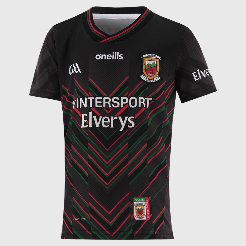 O’Neills Black Mayo GAA Kids' Alternative Goalkeeper Jersey 2025 with ribbed crewneck by O’Neills.