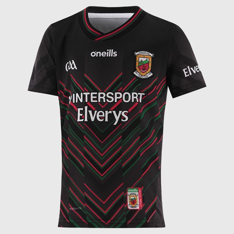 O’Neills Black Mayo GAA Men's Alternative Goalkeeper Jersey 2025 with ribbed crewneck by O’Neills.