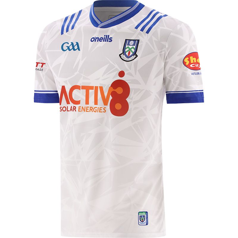 White Monaghan GAA Home Jersey 2024 with Blue knitted collar by O’Neills.