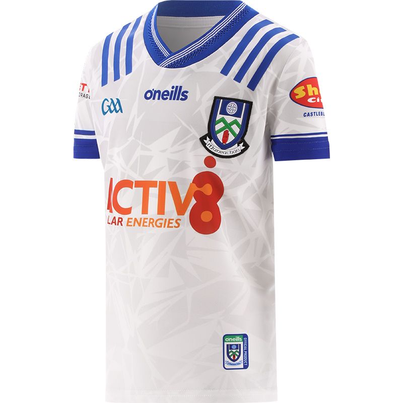 White Monaghan GAA Home Jersey 2024 with Blue knitted collar by O’Neills.