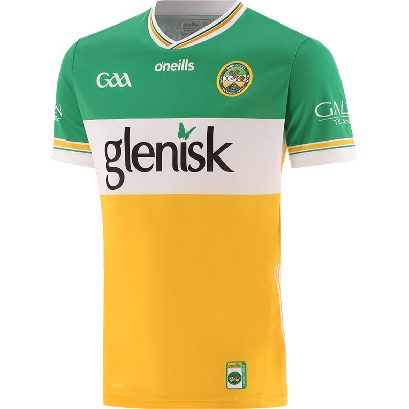 Amber Offaly GAA Home Jersey 2024 with navy knitted collar by O’Neills.