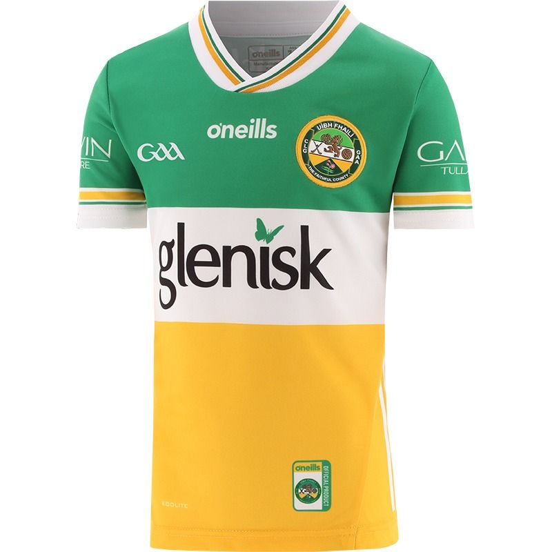 Amber Offaly GAA Home Jersey 2024 with navy knitted collar by O’Neills.