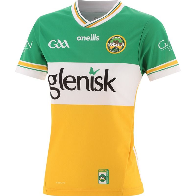 Amber Offaly GAA Home Jersey 2024 with navy knitted collar by O’Neills.