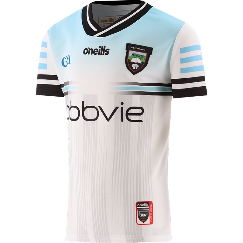 White and Turquoise Kids' Sligo GAA Alternative 2024 with a black ribbed crew neck by O’Neills.