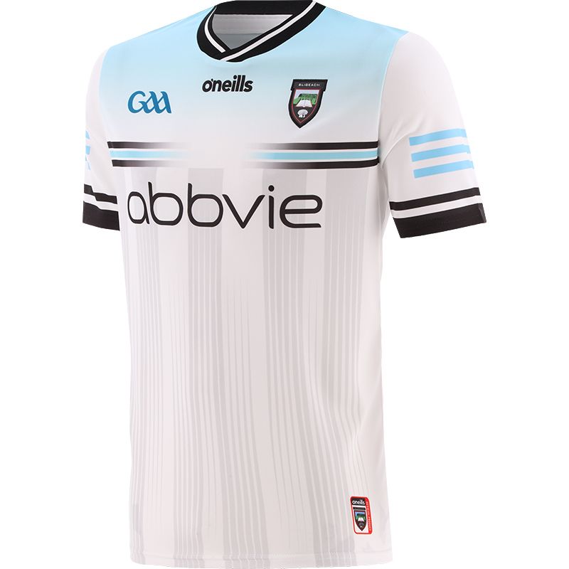 White and Turquoise Sligo GAA Alternative Jersey Player Fit 2024 with a black ribbed crew neck by O’Neills.