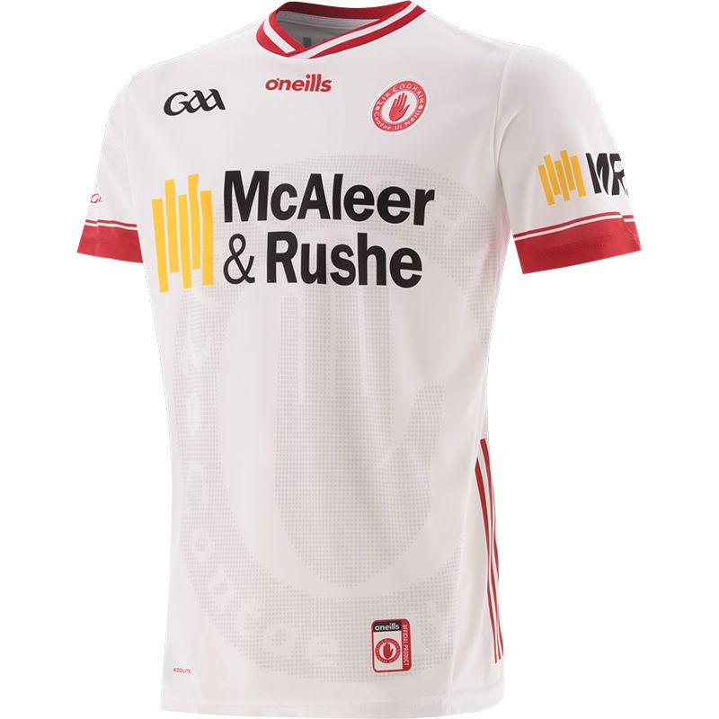 White/Red Tyrone GAA Home Jersey 2024, with watermark print of the crest by O'Neills.