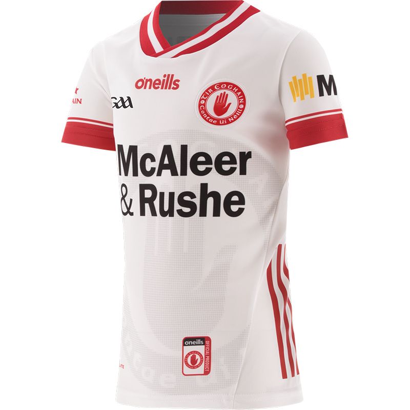 White / Red Kids' Tyrone Home Jersey 2024 with watermark image of Tyrone GAA crest on the front by O’Neills.