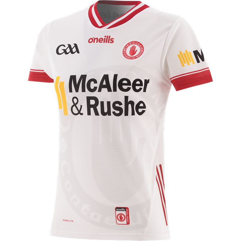 White/Red Tyrone GAA Home Women's Fit Jersey 2024, with watermark print of the crest by O'Neills.
