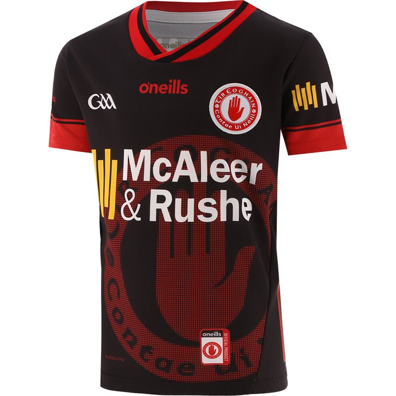 Black Tyrone GAA Goalkeeper Jersey 2024 with watermark image of Tyrone GAA crest on the front by O’Neills.