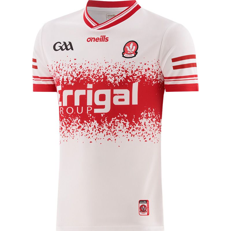 White Derry GAA Alternative Jersey 2024 with Errigal Group sponsor logo on the chest by O’Neills.