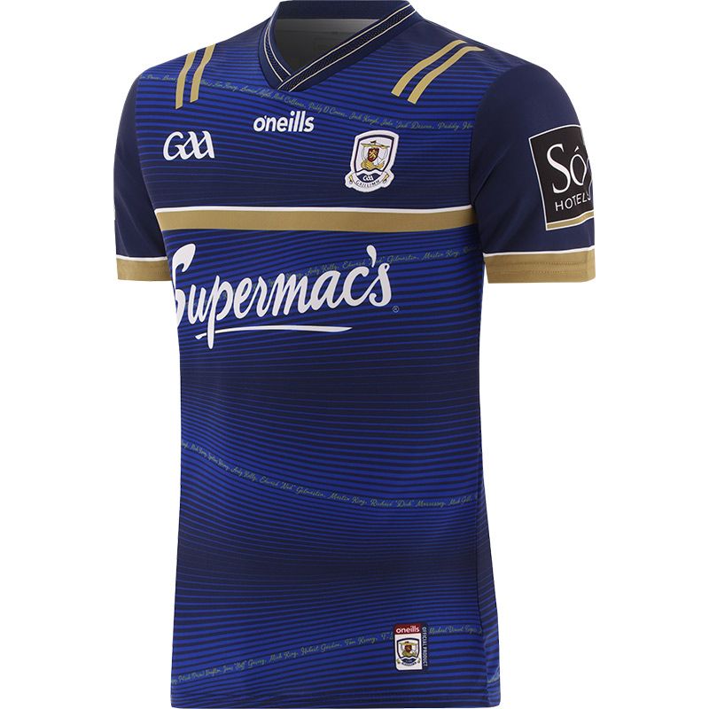 Blue and Gold Galway GAA Commemoration jersey with 1923/24 in gold on the back by O’Neills.
