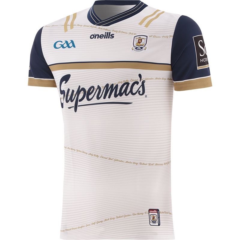 White, Navy and Gold Galway GAA Commemoration Goalkeeper Jersey with 1923/24 in gold on the back by O’Neills.
