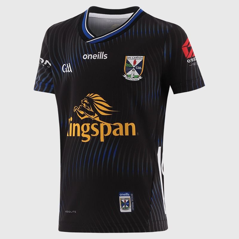 O’Neills Black Cavan GAA Kids' Goalkeeper Jersey 2025 with ribbed crewneck by O’Neills.