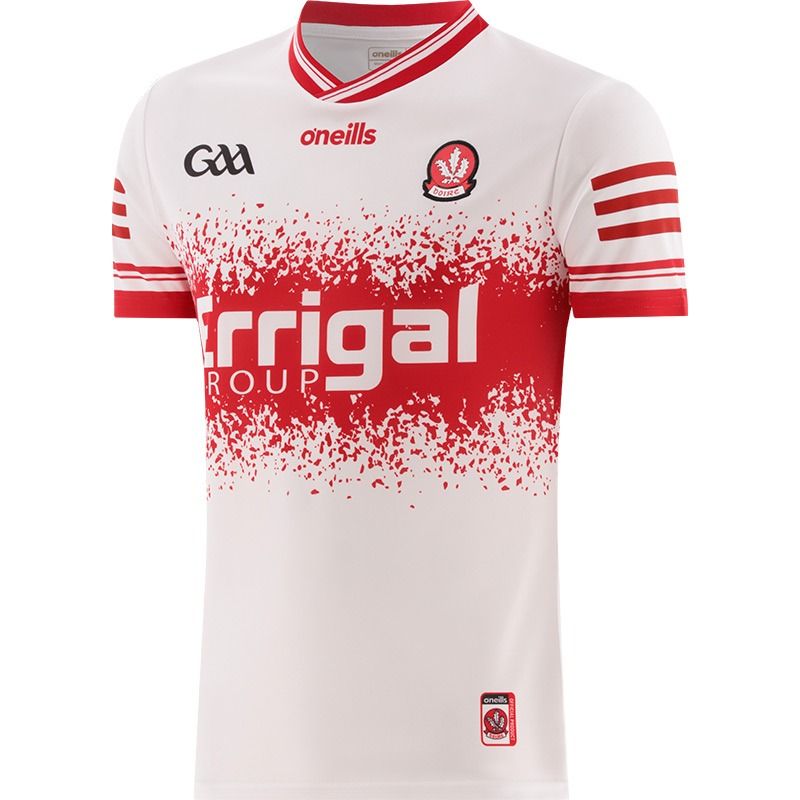 White Derry GAA Alternative Jersey 2024 with Errigal Group sponsor logo on the chest by O’Neills.