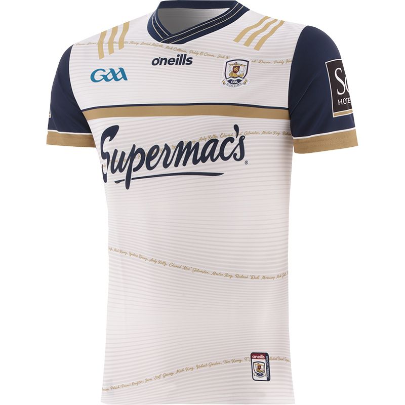 White, Navy and Gold Galway GAA Commemoration Goalkeeper Jersey with 1923/24 in gold on the back by O’Neills.