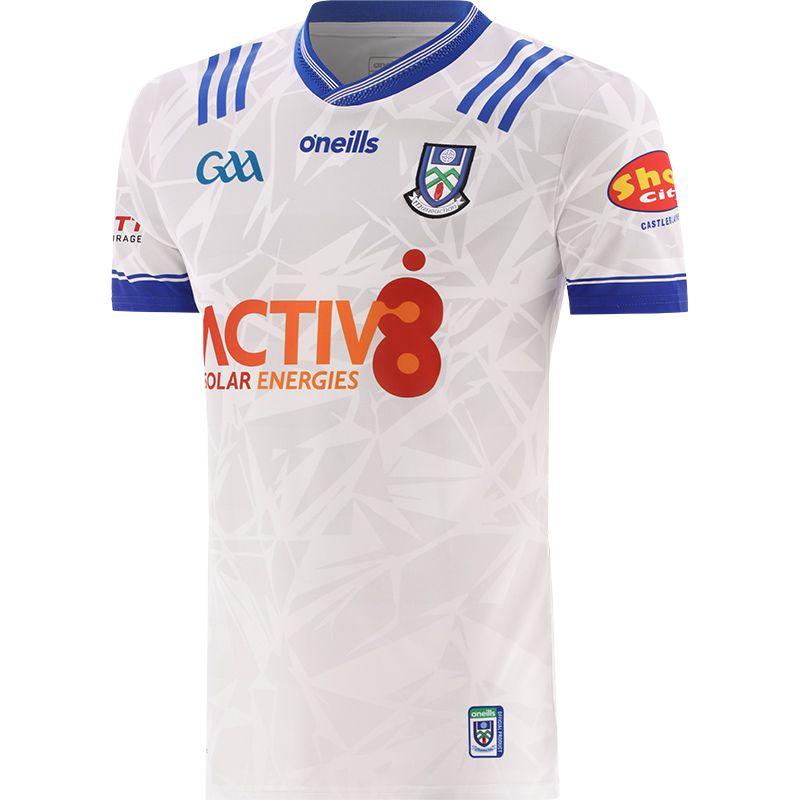White Monaghan GAA Home Jersey 2024 with a Blue knitted collar by O’Neills.