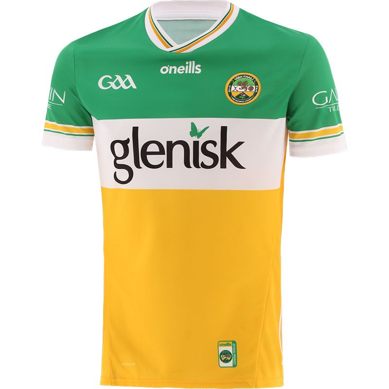 Amber Offaly GAA Home Jersey 2024 Player Fit with White knitted collar by O’Neills.