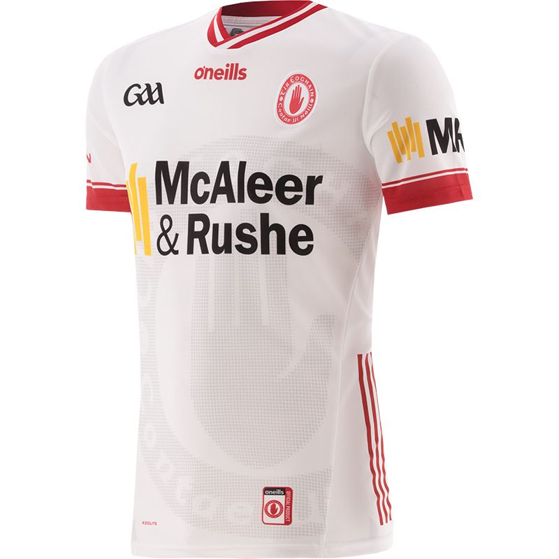 White/Red Tyrone GAA Home Player Fit Jersey 2024, with watermark print of the crest by O'Neills.