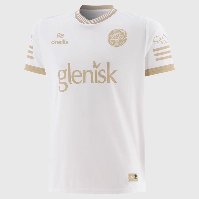 White / Gold Offaly GAA Kids' Short Sleeve Training Top 2026 from O’Neills.