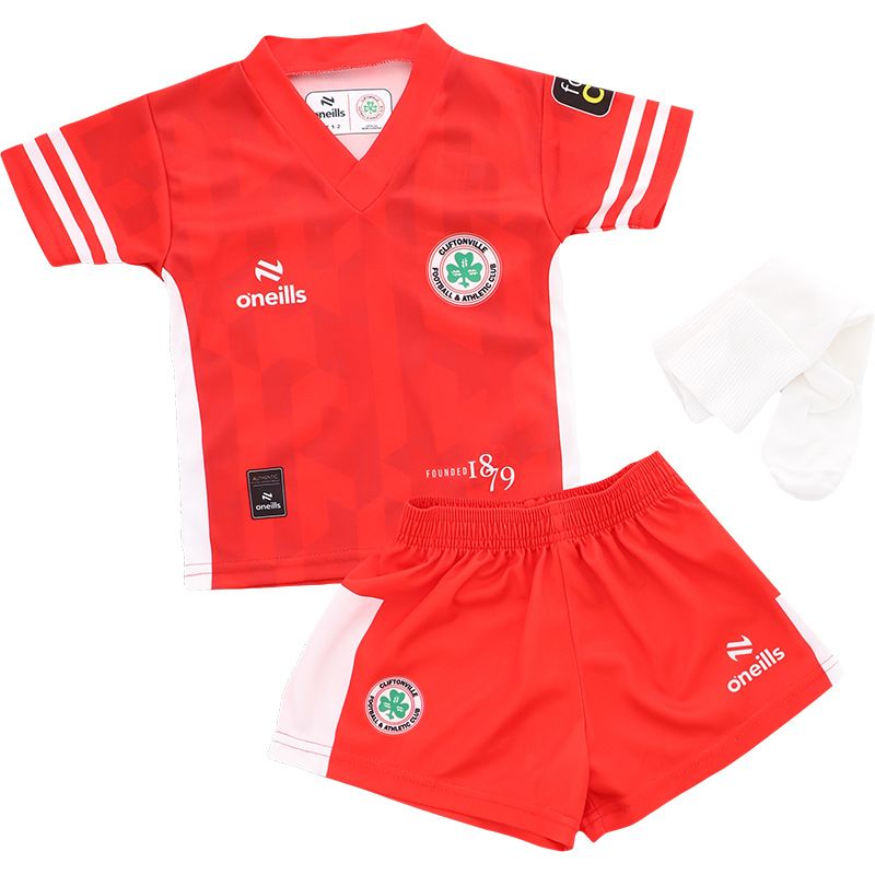 Red and White Cliftonville FC Home Mini Kit 2024 with v-neck collar.