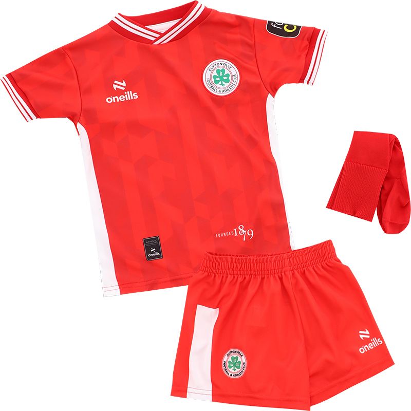 Red and White Cliftonville FC Home Mini Kit 2024 with v-neck collar