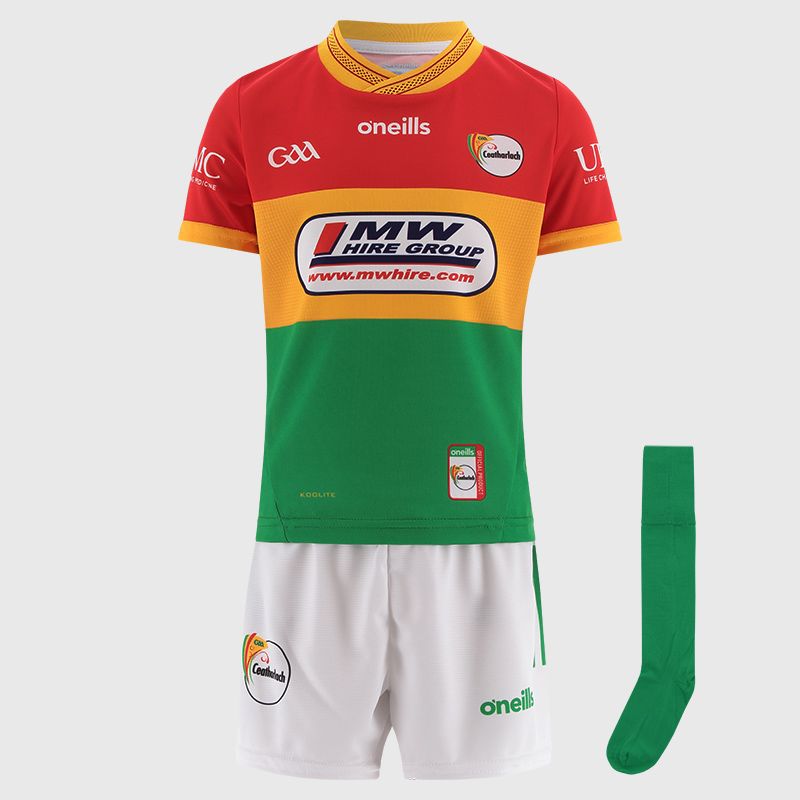 O’Neills Red Carlow GAA Mini Kit 2025 with jersey, shorts and socks from O’Neills.