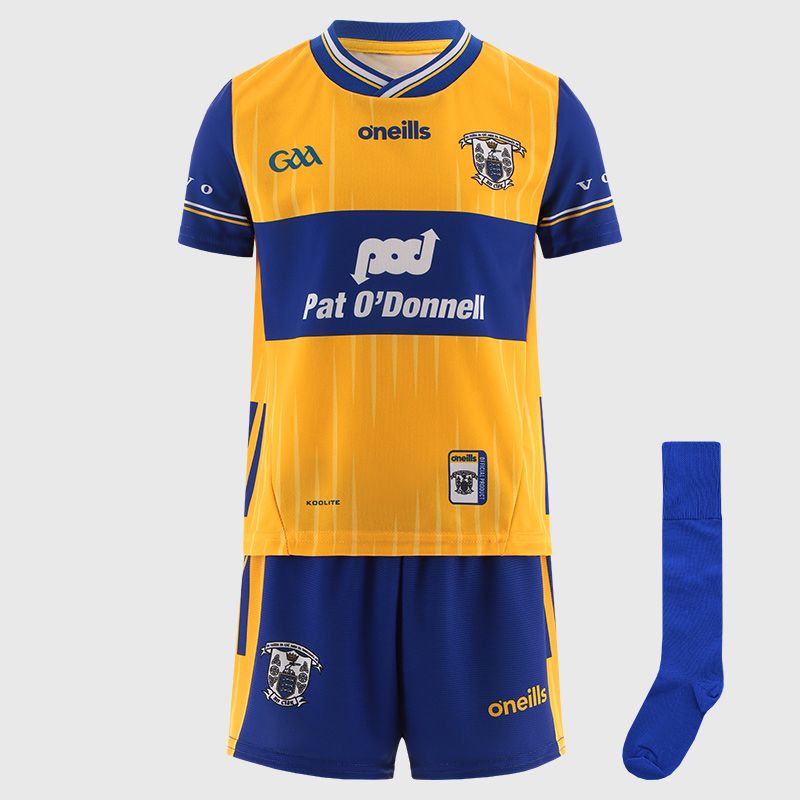 Yellow Clare GAA Home Mini Kit 2025 with jersey, shorts and socks by O’Neills.