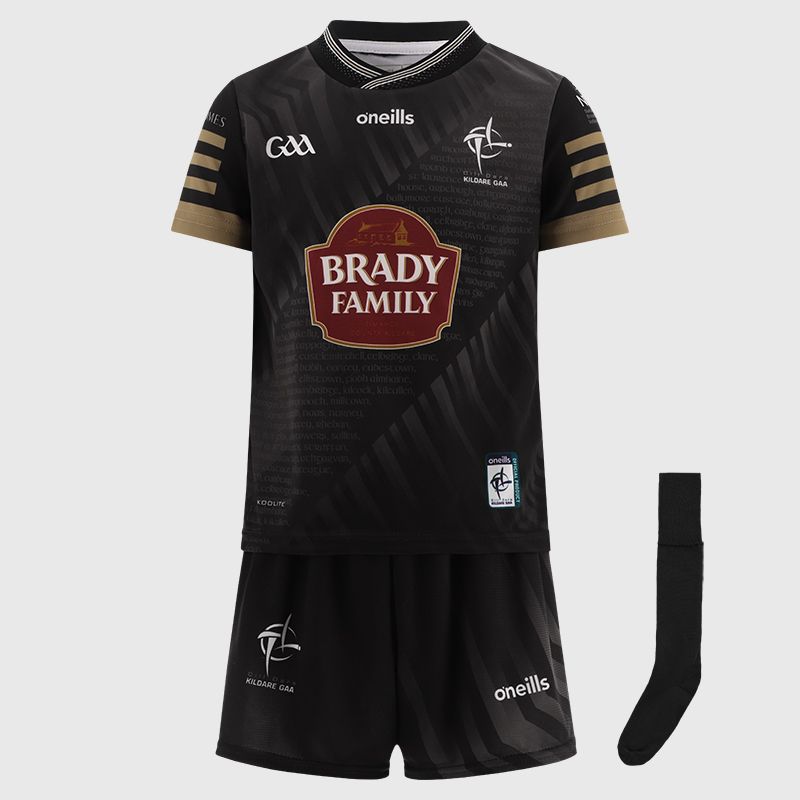 Black Kildare GAA Alternative mini kit with jersey, shorts and socks by O’Neills.