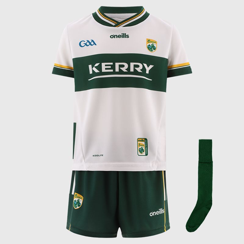White Kerry GAA Goalkeeper mini kit with jersey, shorts and socks by O’Neills.