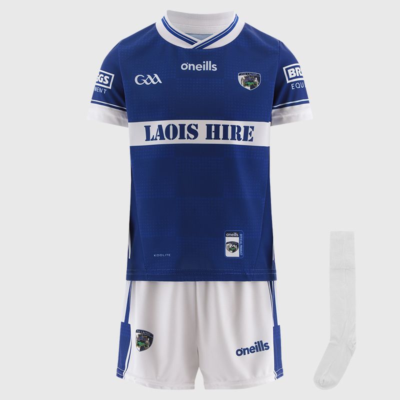 O’Neills Blue Laois GAA Home Mini Kit 2025 with jersey, shorts and socks by O’Neills.