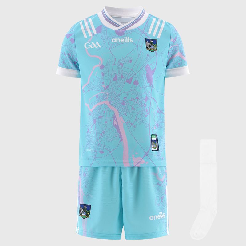 O’Neills Blue Limerick GAA Goalkeeper Mini Kit 2025 with jersey, shorts and socks by O’Neills.