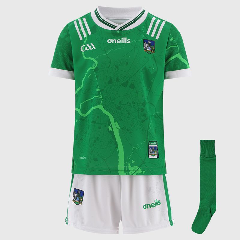 O’Neills Green Limerick GAA Home Mini Kit 2025 with jersey, shorts and socks by O’Neills.