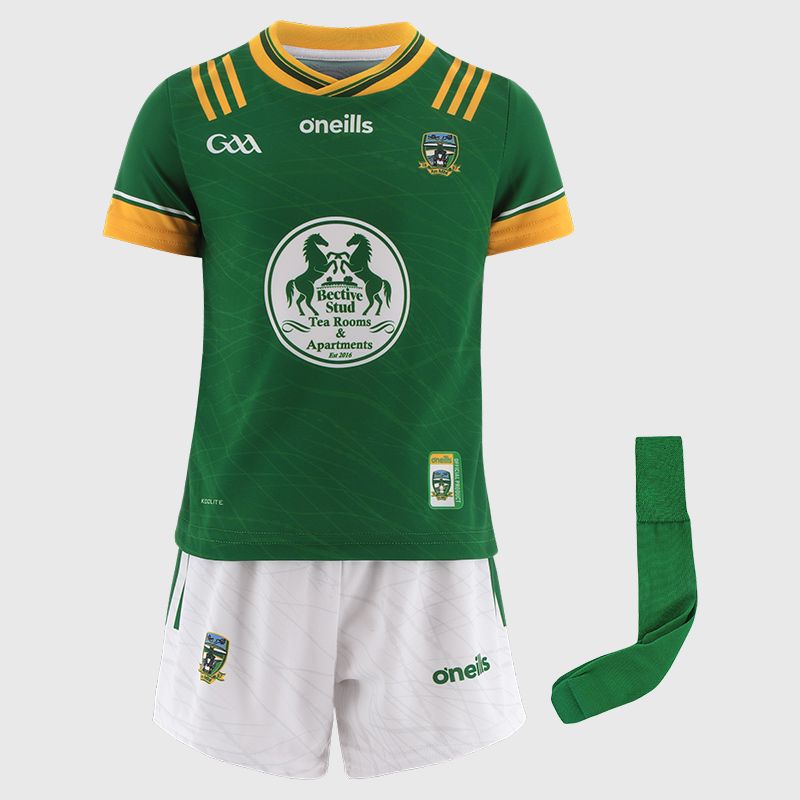 O’Neills Bottle Meath GAA Home Mini Kit 2025 with jersey, shorts and socks by O’Neills.