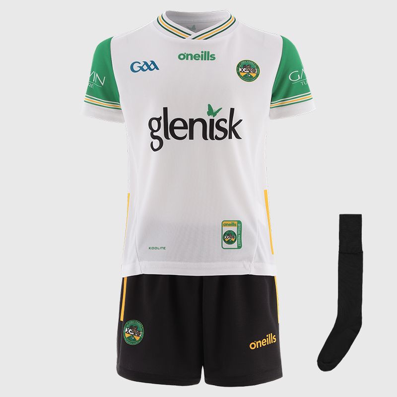 White Offaly GAA Kids' Alternative Mini Kit with jersey, shorts and sock by O'Neills.