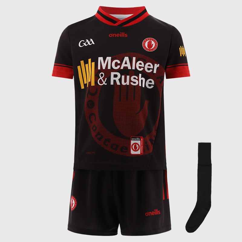 Black Tyrone GAA Goalkeeper mini kit with jersey, shorts and socks by O’Neills.